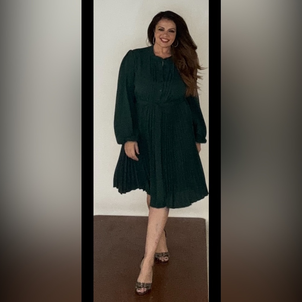Green Pleated Long Sleeve Dress